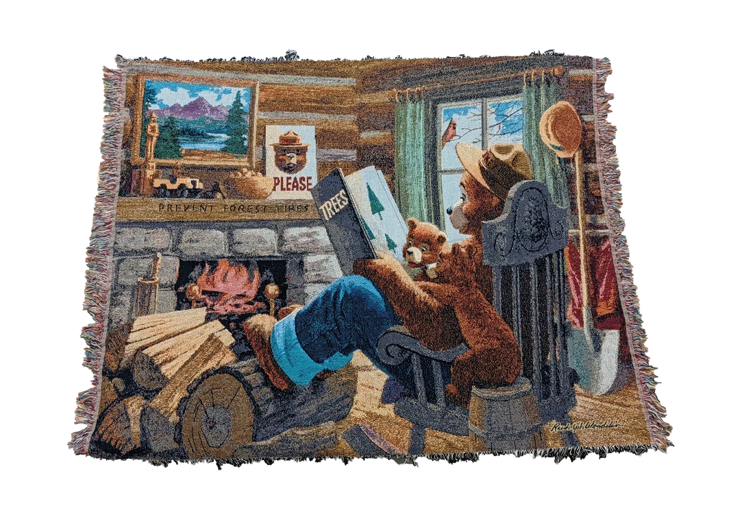 Throw Blanket (Cotton) Reading By The Fire, Smokey Bear